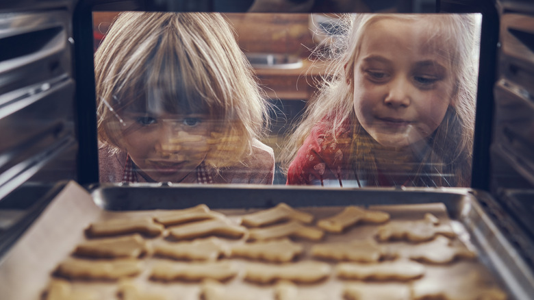 Two girls peering into an oven that holds baking cookies