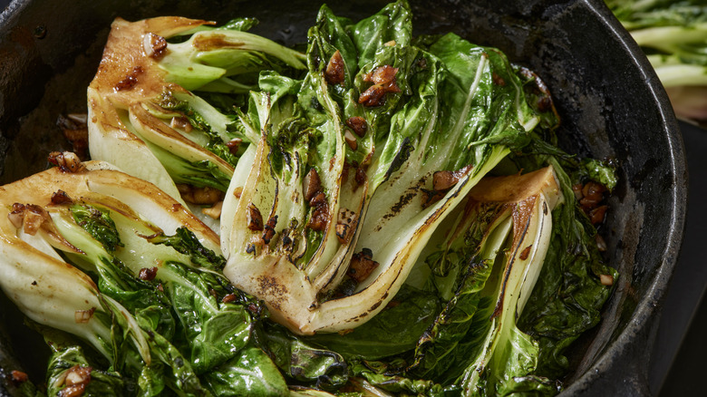 bok choy in cast iron skillet