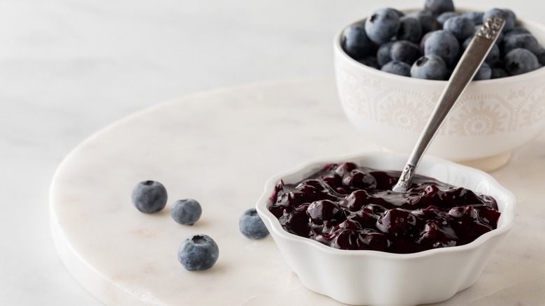 Blueberry compote in white bowl