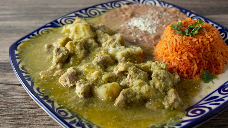 pork in salsa verde with rice and beans