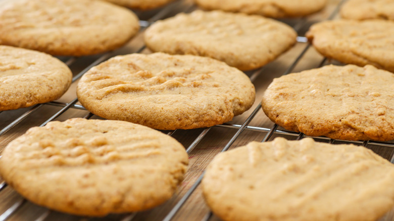 Peanut butter cookies cooling on wire rack