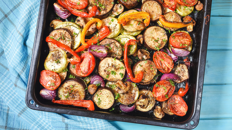 roasted vegetables in a tray