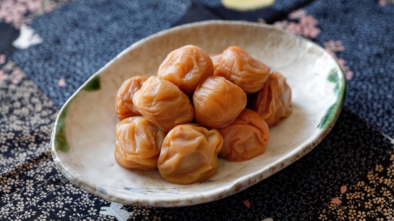 Umeboshi stack on ceramic plate