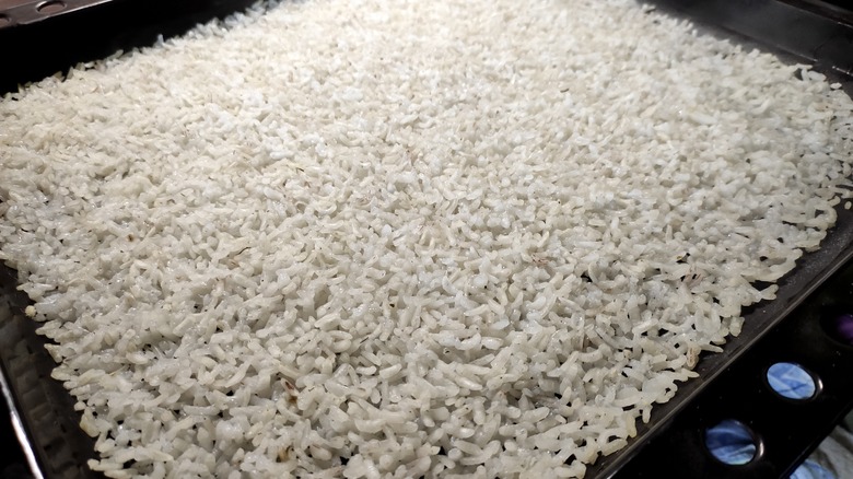 Rice cooling on baking sheet