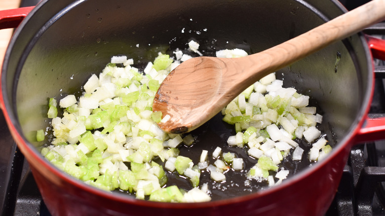 cooking celery and onion with salt 