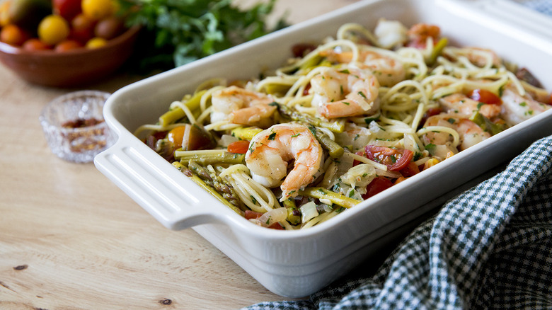 shrimp scampi served on table