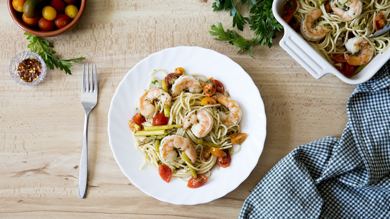 shrimp scampi served on table