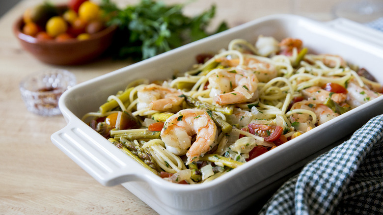 shrimp scampi served on table