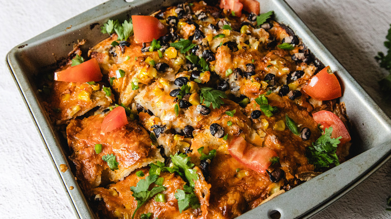 Sliced casserole in pan