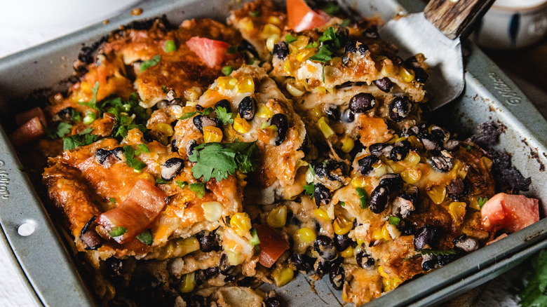 Sliced casserole in pan