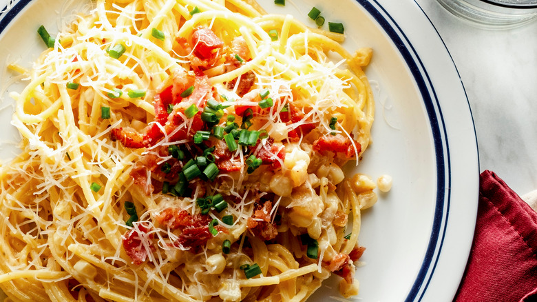 carbonara with corn, bacon, and chives