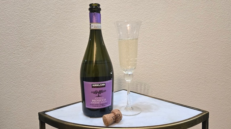 Bottle and glass of Kirkland Signature Prosecco