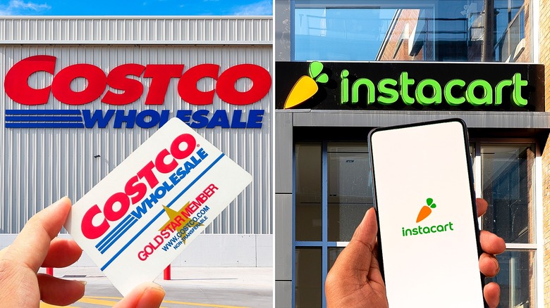 A Costco member holding a card in front of a store and a person holding a phone in front of an Instacart store