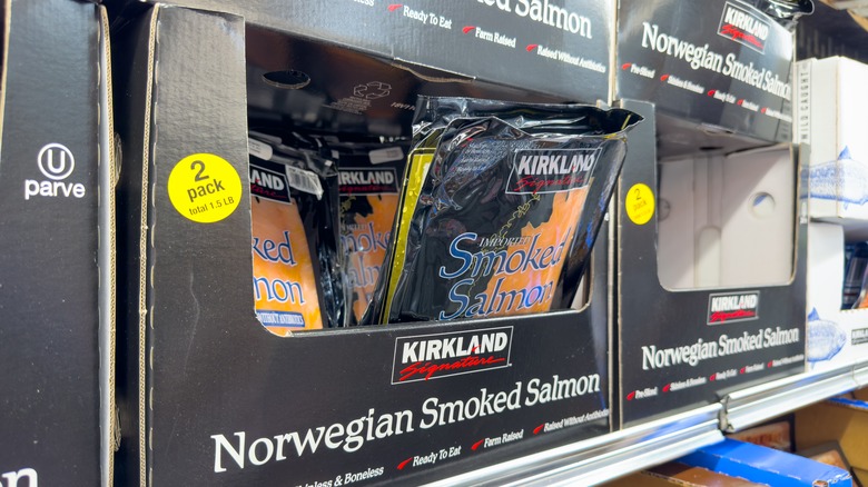 kirkland signature smoked salmon in box on shelf