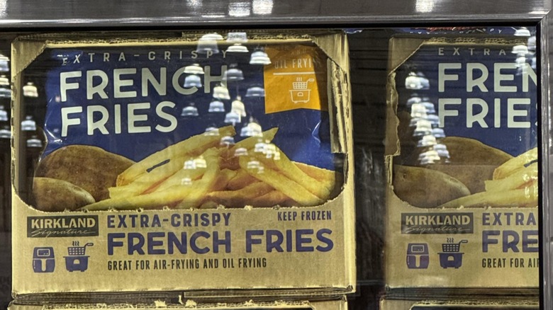 Boxes of Kirkland Signature French Fries in a Costco freezer