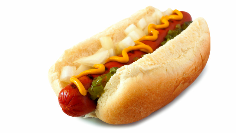 Hot dog with mustard relish onion