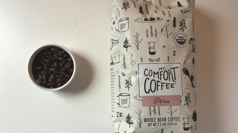 Mt. Comfort Coffee Peru whole bean coffee bag and beans