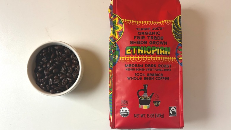 Trader Joe's Shade Grown Ethiopian coffee bag and beans