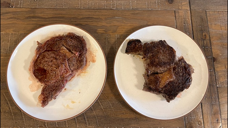 aerial view of Trader Joe's and Costco ribeye on table