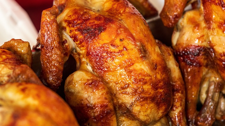 close up of rotisserie chicken