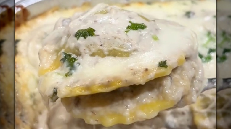 Close-up of cooked Costco's Mushroom Ravioli with Truffle Alfredo Meal Kit