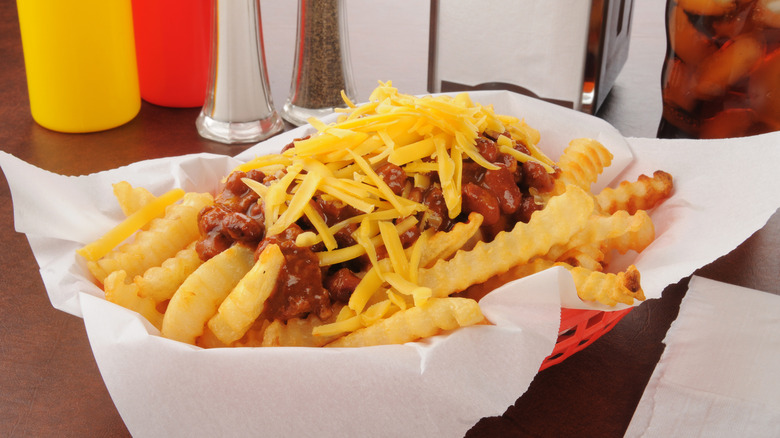 Close up of chili cheese fries 