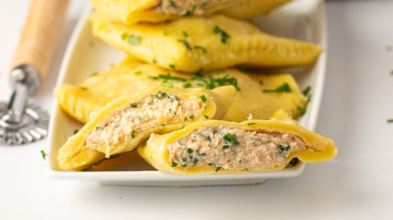 crab ravioli on serving platter