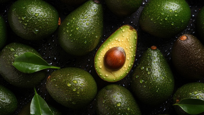 A group of avocados with once sliced open