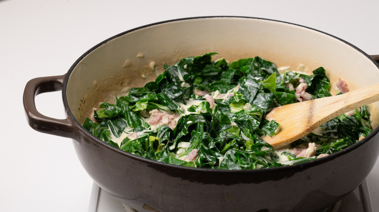 creamed collard greens in pan