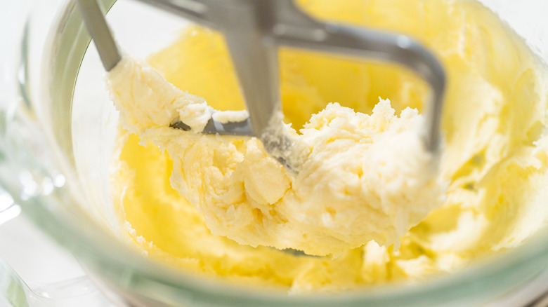 butter and sugar creamed in stand mixer with paddle