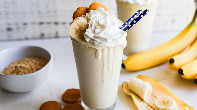 Creamy cold banana pudding milkshake