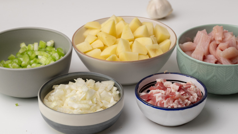 Meat and vegetables in bowls