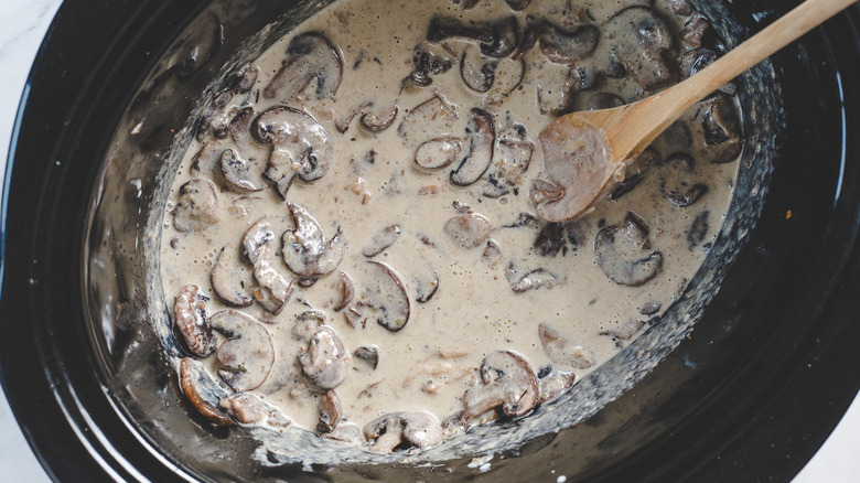 Creamy mushroom sauce in crockpot