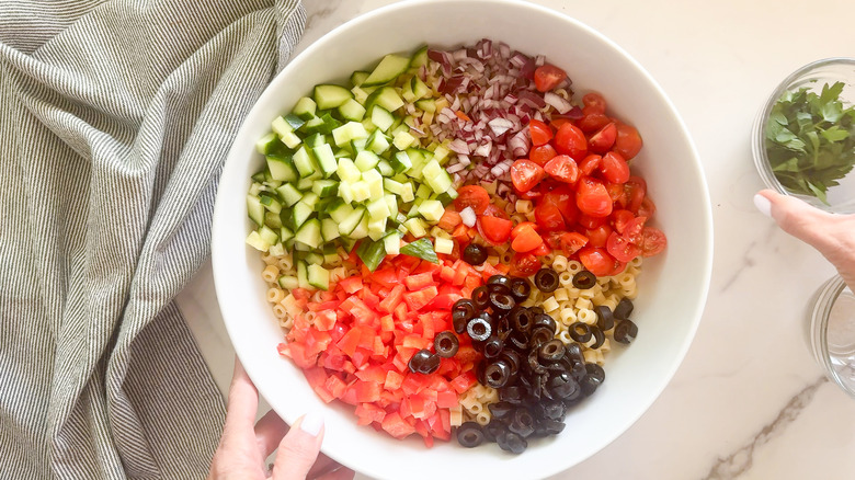 salad ingredients in white bowl