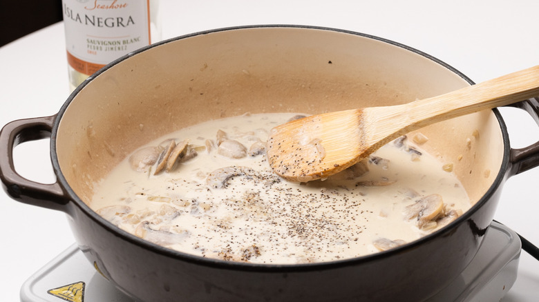 mushroom cream sauce in pan