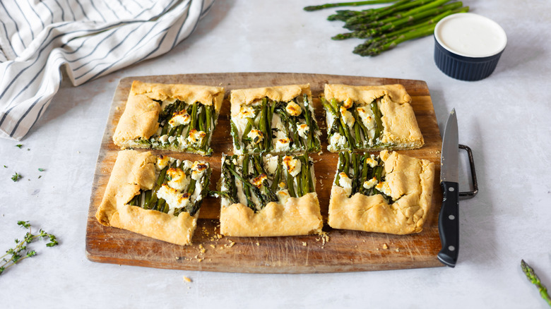 cut asparagus galette on tray 