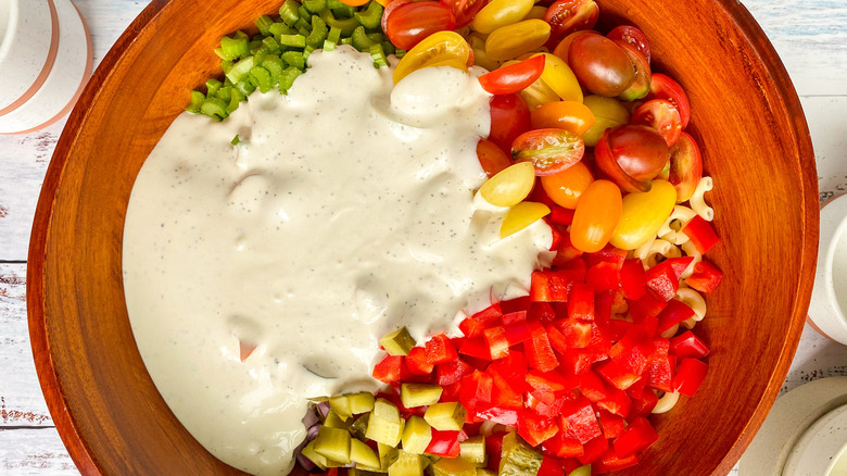 macaroni salad ingredients in bowl