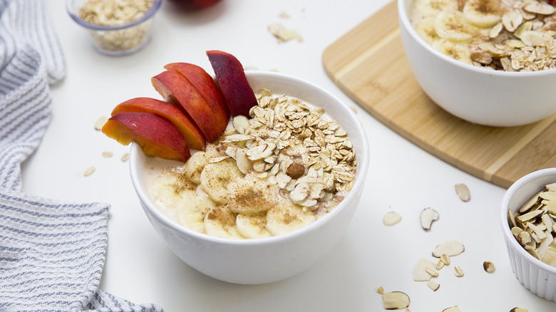 peach smoothie in white bowl