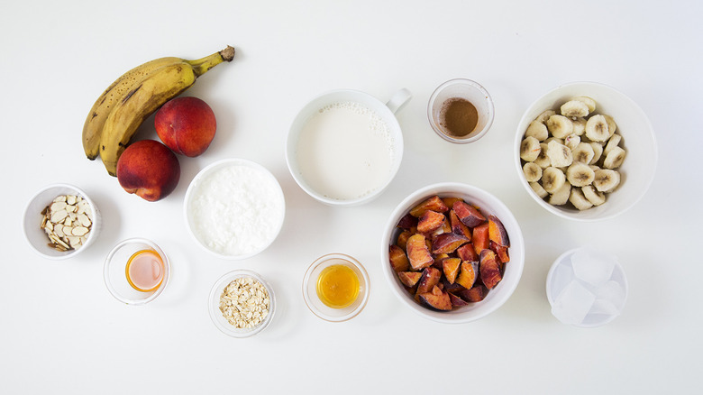 peach smoothie ingredients on table