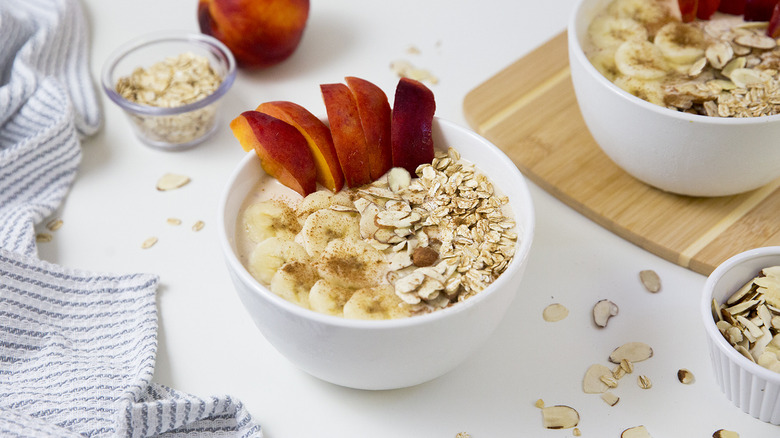 peach smoothie bowl on table