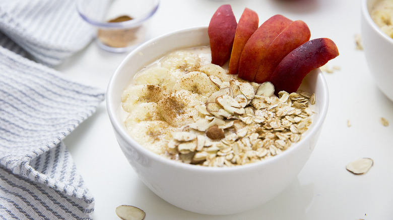 closeup of peach smoothie bowl