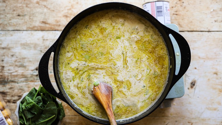 Pot of soup with cream