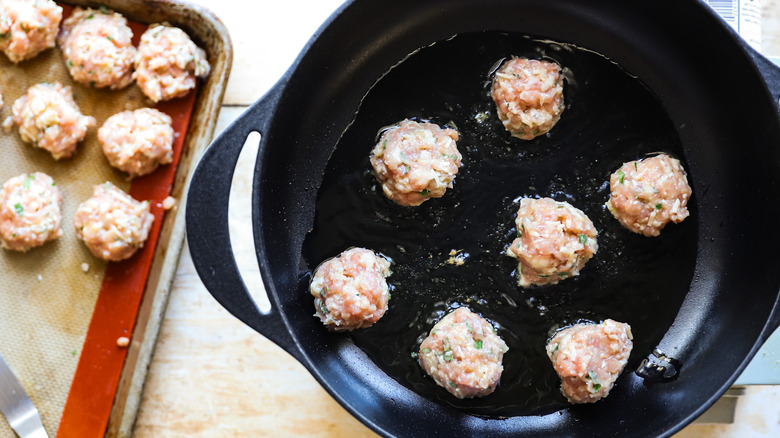 Searing meatballs in pan