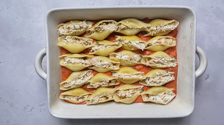 stuffed shells in casserole dish