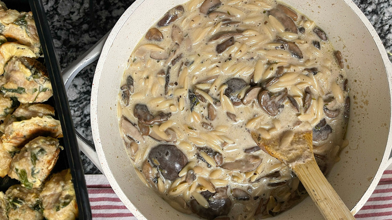 mushroom soup in white pot