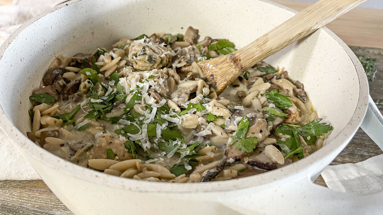 mushroom soup in white bowl