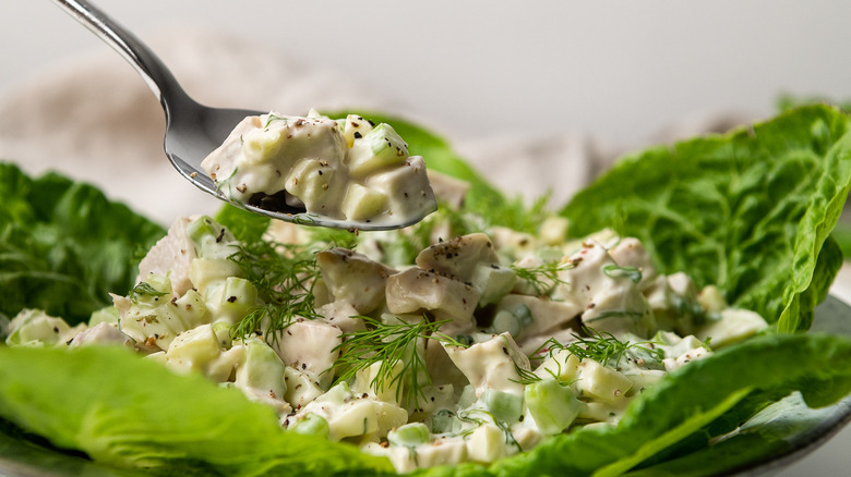 crisp and creamy chicken salad in lettuce 