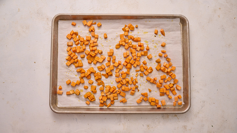 roasted sweet potatoes on sheet tray