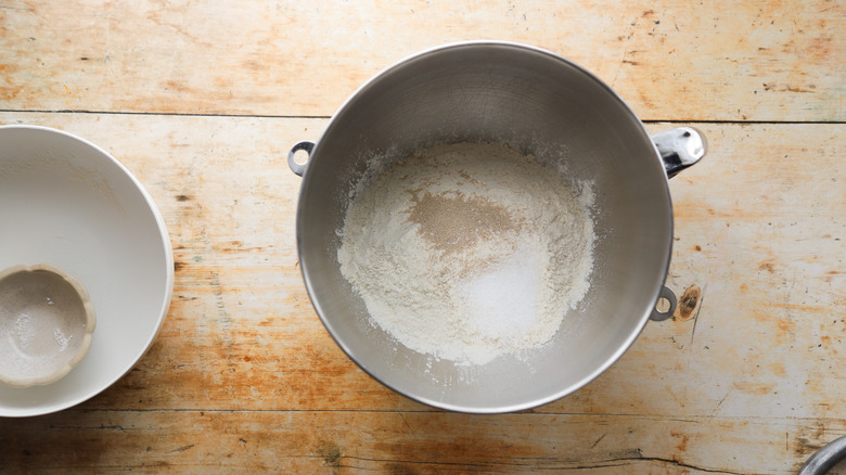 Pizza dough ingredients in bowl