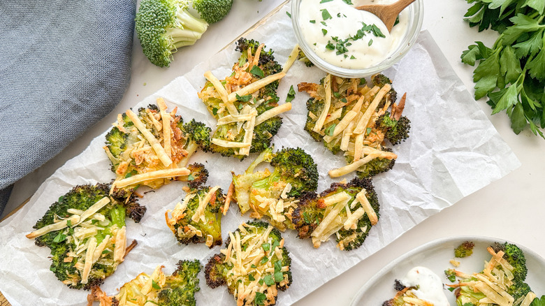 smashed broccoli on tray